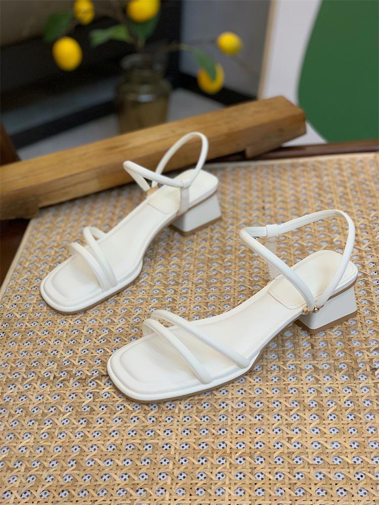 French Thick Heel Thin Strap Sandals Women's Summer 2025 New Fashionable Versatile Gentle One-word Strap with Skirt Sandals