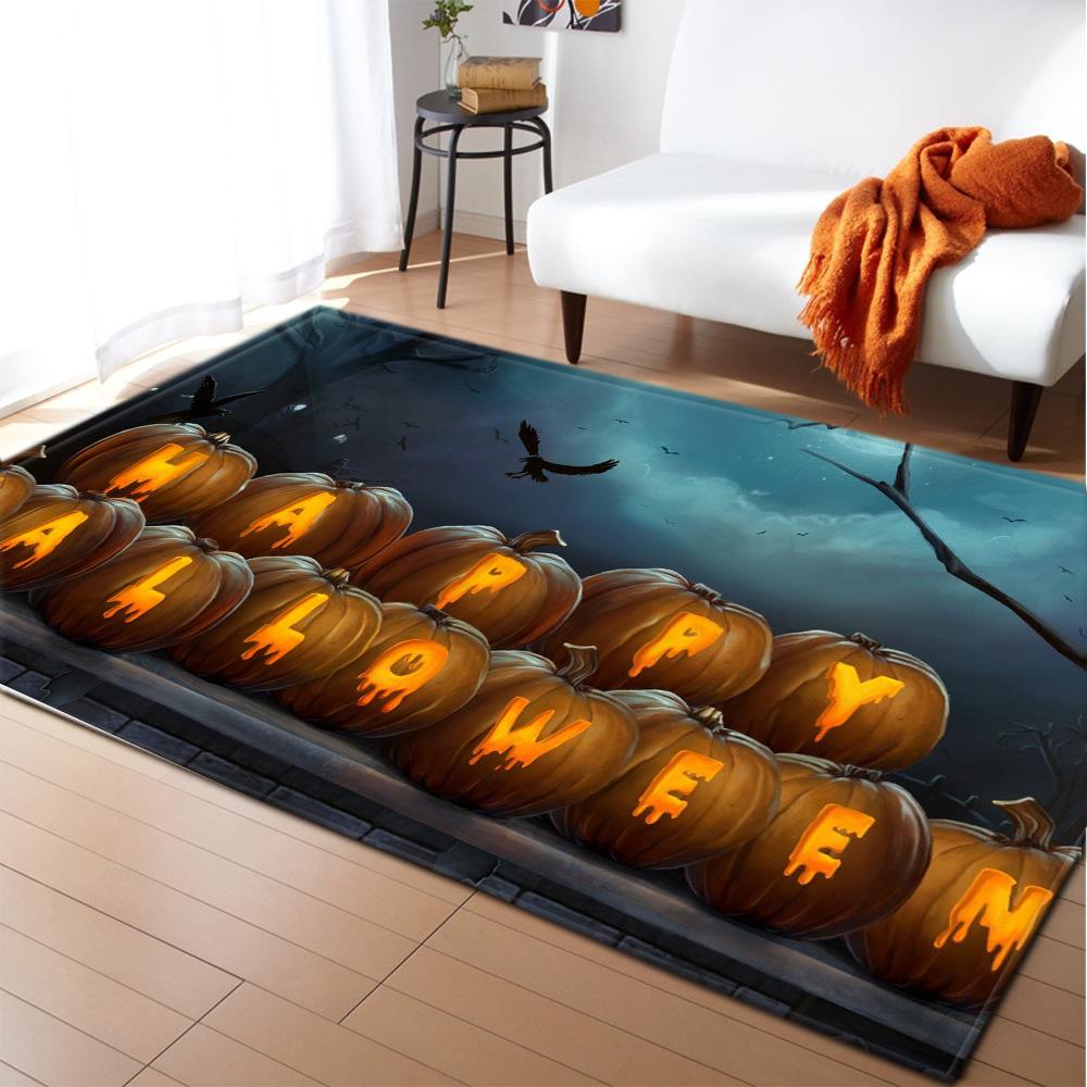 Halloween Cartoon Carpet Rug Mat – Living Room Bedroom Sofa Coffee Table Spooky Pumpkin Bat Castle Ghost Pattern Home Decoration