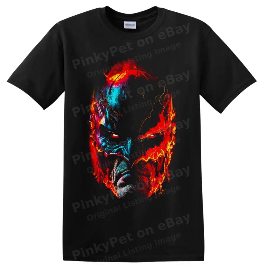 Batman Superhero Split Face Fire Ice Graphic T Shirt Art Tee Present