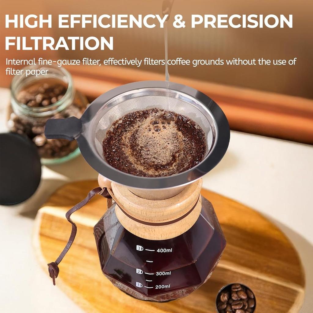 Pour Over Coffee Maker with Reusable Stainless Steel Filter and 100Pcs Filter Paper, 13.5/20oz Borosilicate Glass Coffee Carafe