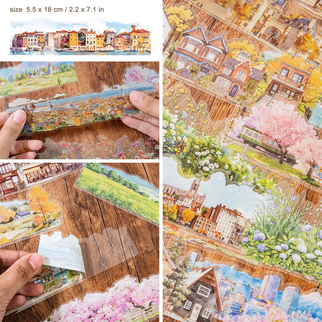 Watercolor Scrapbook Stickers Transparent PET Strips 55 x 180mm with Cherry and Ocean Decorative Stickers for and Card Making 6-Pack - Nature, City,