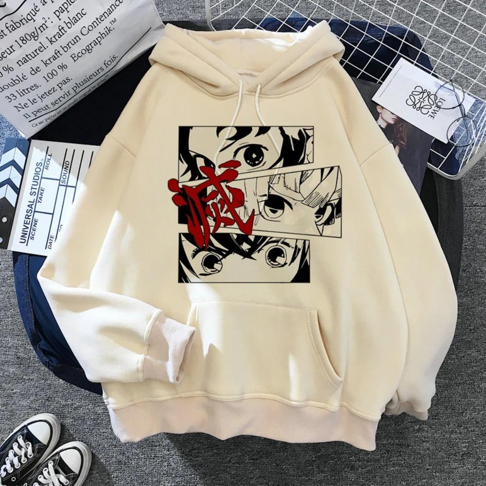 Japon Anime Demon Slayer Bayan Kapüşonlu Sweatshirt Japon 2000'ler Tarzı Y2k Günlük Kapüşonlu Sweatshirt Harajuku Çizgi Film Manga Haki Kazaklar