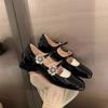Cowhide Version~ Square Head Flower Rhinestone High-heeled Single Shoes Thick-heeled Mary Jane Shoes Women's Wedding Shoes