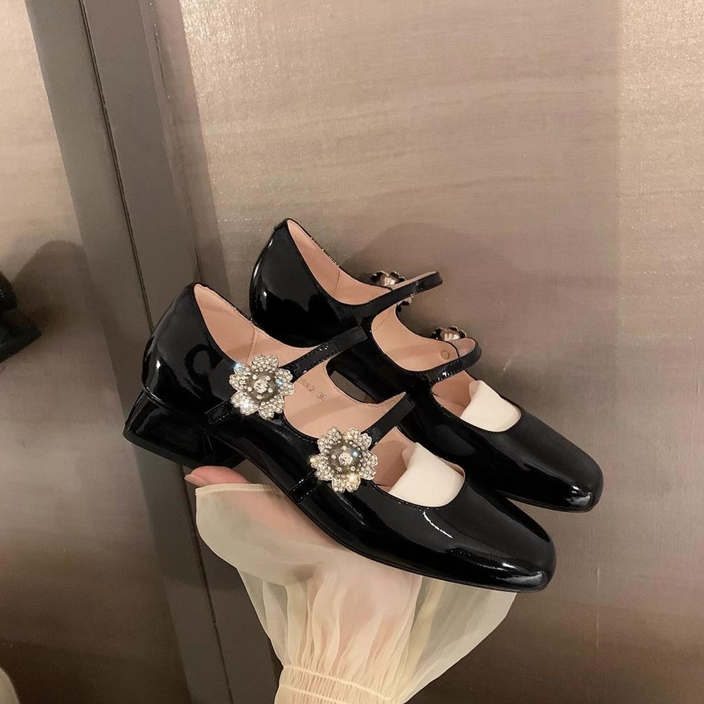 Cowhide Version~ Square Head Flower Rhinestone High-heeled Single Shoes Thick-heeled Mary Jane Shoes Women's Wedding Shoes