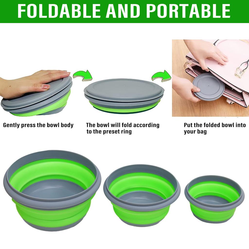 Collapsible Silicone Bowls 3-Pack Portable Food Container - Space-Saving Green Salad Bowls with Lids for Camping Travel Picnic and Outdoor Use