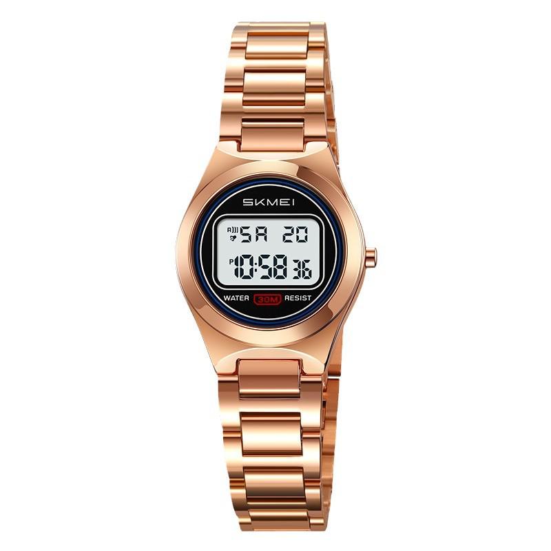 Shíkèměi 2334 Multifunktionale LED-Elektronikuhr für Damen mit Stahlarmband