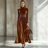 2026 Women's Elegant Gold Velvet Long-Sleeve Slimming Dress with Waist-Cinched Design for Autumn/Winter.