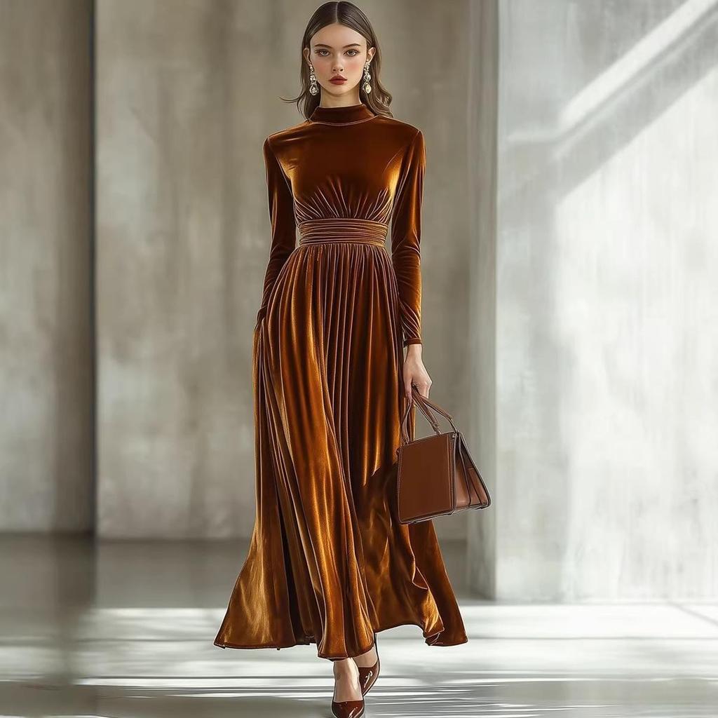 2026 Women's Elegant Gold Velvet Long-Sleeve Slimming Dress with Waist-Cinched Design for Autumn/Winter.