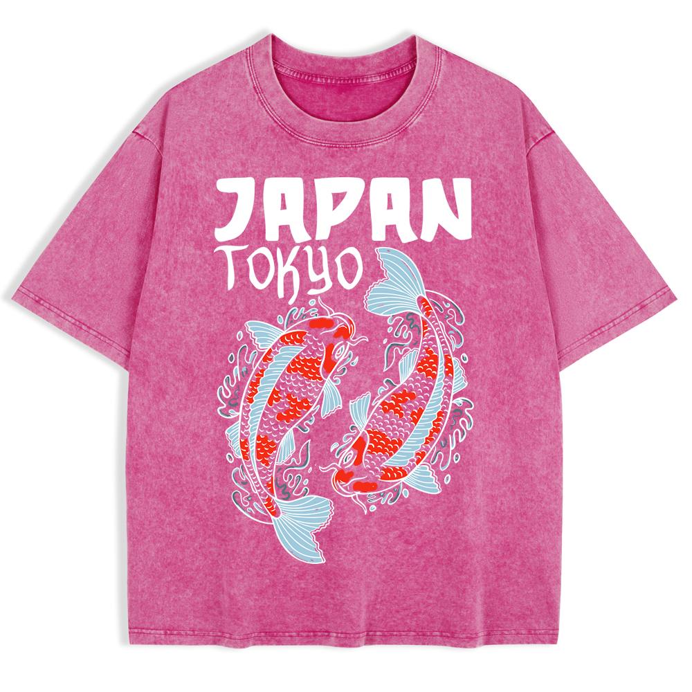 Japanese Koi Harajuku Printed Washed T-Shirts Mens Cotton Short Sleeve Tops Summer O-Neck Oversized T Shirt Clothes