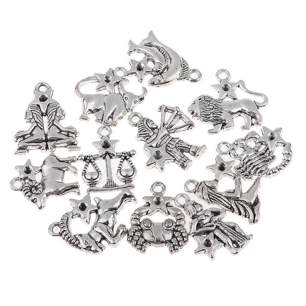 4x12PCs Antique 12 Zodiac Charms Pendant Jewelry Making Craft Antique silver