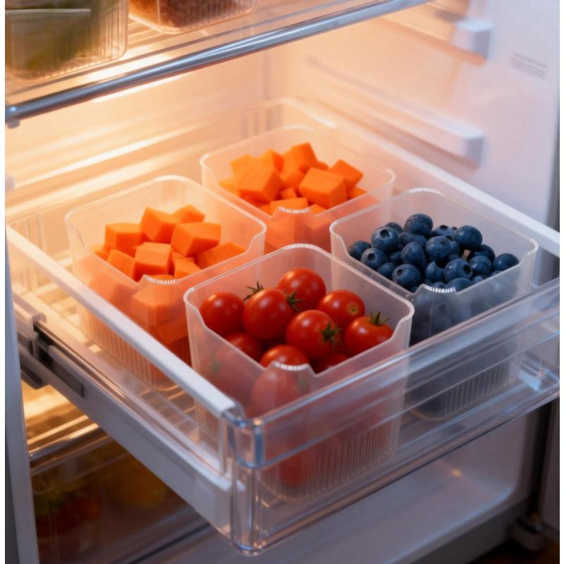 4 Stück durchsichtige Kühlschrank-Aufbewahrungsboxen - Lebensmittelechter Küchenorganizer für Obst, Gemüse, Knoblauch & Ingwer, Hält länger frisch
