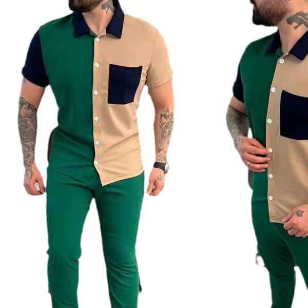2023 Frühling & Herbst Colorblock-Sport-Set für Herren, lässiges Kurzarmhemd und Hose.