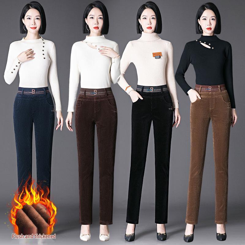 Warm Women's Corduroy Straight-Leg Pants - Winter 2023: Plus Velvet, Thickened, Ideal for Middle-Aged and Elderly Mothers
