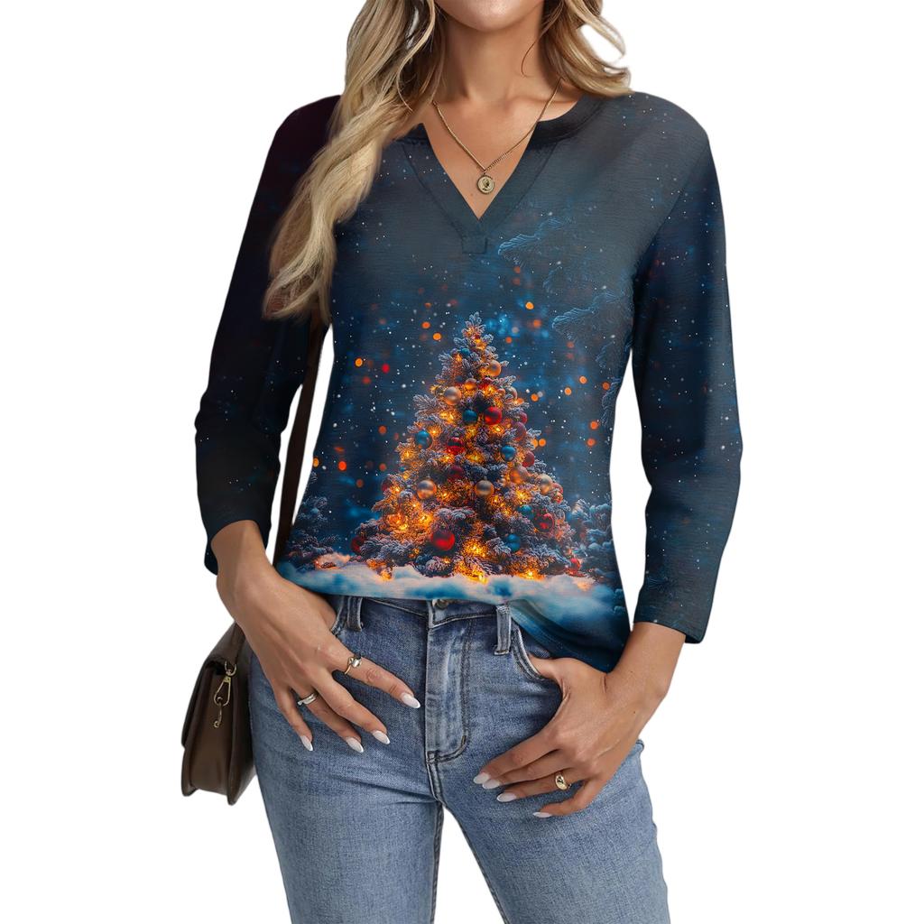 Women's Casual Fashionable Sexy Comfortable V-Neck Christmas Three-Quarter Sleeve Top