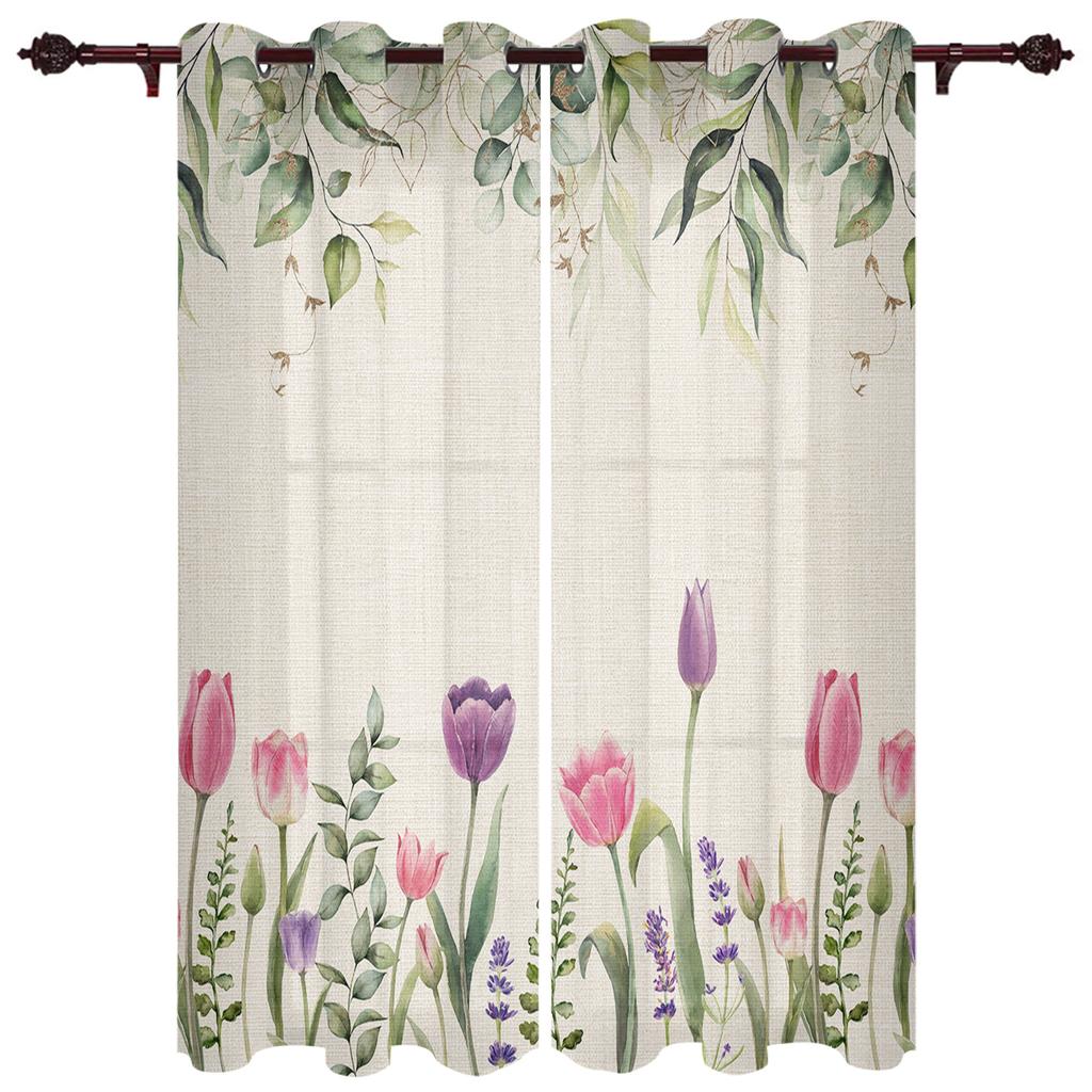 Spring Tulip Flower Plants Window Curtain Living Room Luxury Valance Curtain for Bedroom Home Kitchen Decor Curtain