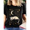 Himmlische Schlafkater Mond Sterne Grafik T-Shirt Damen Kurzarm Mystischer Nachthimmel Druck für den täglichen Gebrauch