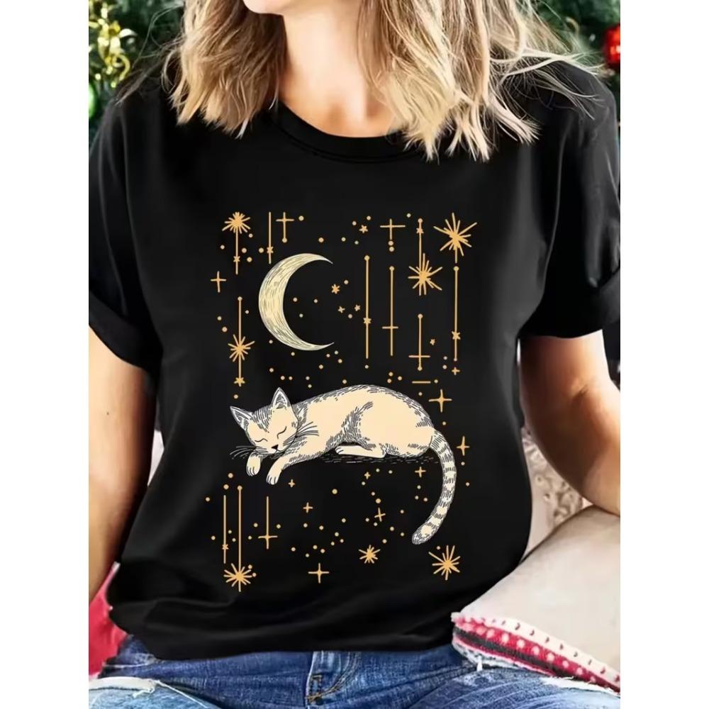 Celestial Sleeping Cat Moon Stars Graphic T-Shirt Women’s Short Sleeve Mystical Night Sky Print for Daily Wear S