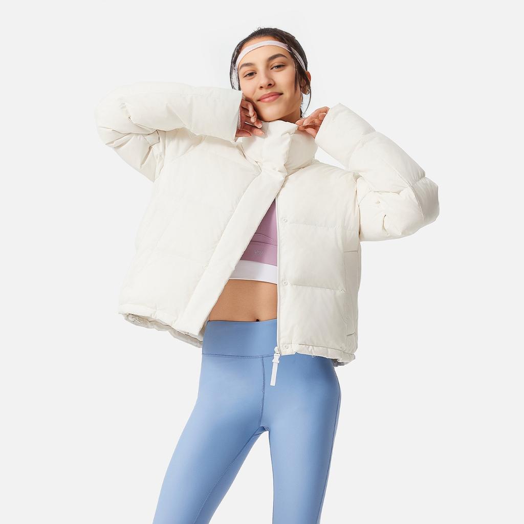 Li-Ning Water-Resistant Solid Color Zip-Up Stand Collar Comfortable Breathable Short Casual Down Jacket Women Jackets Champagne-White AYMU102-1