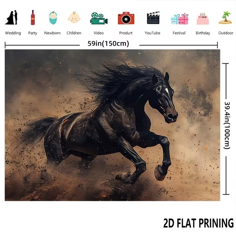 2D Dynamic Black Running Horse Art Style Photography Backdrop