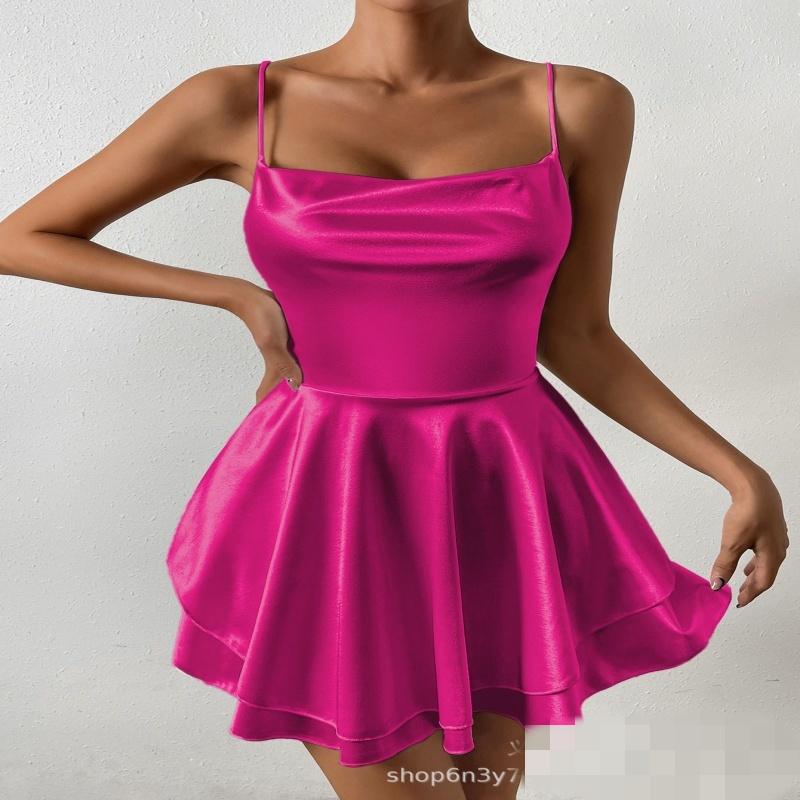 Satin Seide Damen Sexy Cami Playsuits Kleid Solide Wasserfallausschnitt Ärmellos Kurze Jumpsuits Sommer Kreuz Binden Rückenfrei Strampler
