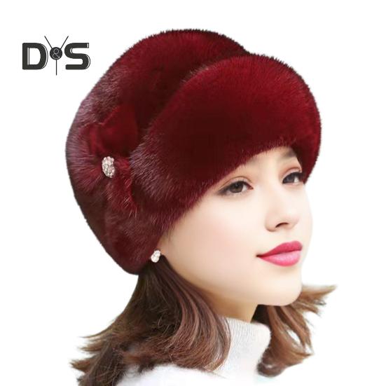 Mid-aged Women Winter Hat Thick Plush Faux Fur Heat Retention Windproof Solid Color Rhinestone Decor Outdoor Cycling Skiing Beanie