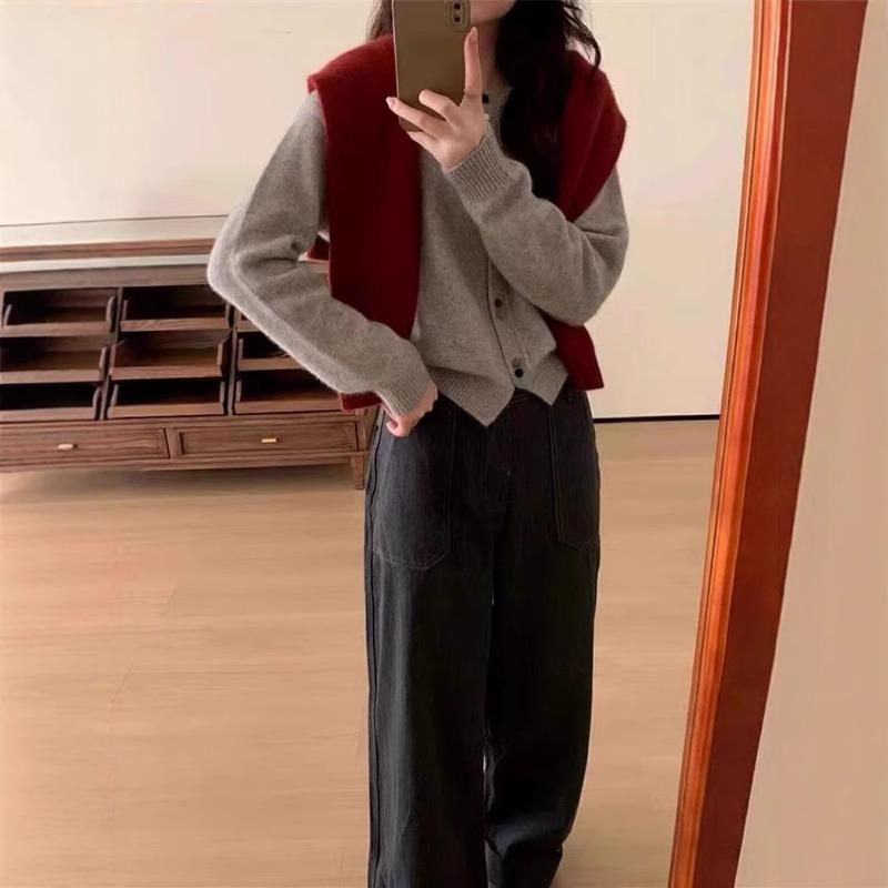 Solid color loose round neck knitted cardigan women's early spring new atmosphere new simple temperament cardigan jacket
