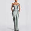 Fashion Women's Satin One Shoulder Long Dress Bandage Pleated Backless Sleeveless Dresses Summer Lady Party Evening Robes new