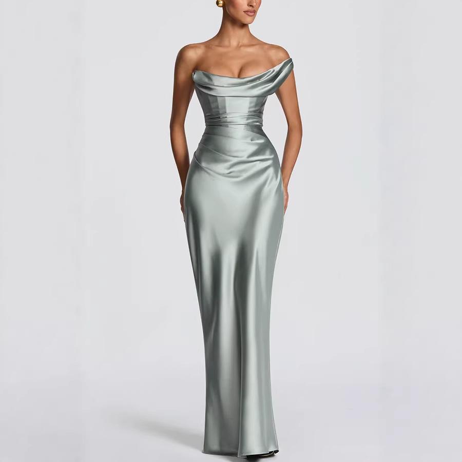 Fashion Women's Satin One Shoulder Long Dress Bandage Pleated Backless Sleeveless Dresses Summer Lady Party Evening Robes new