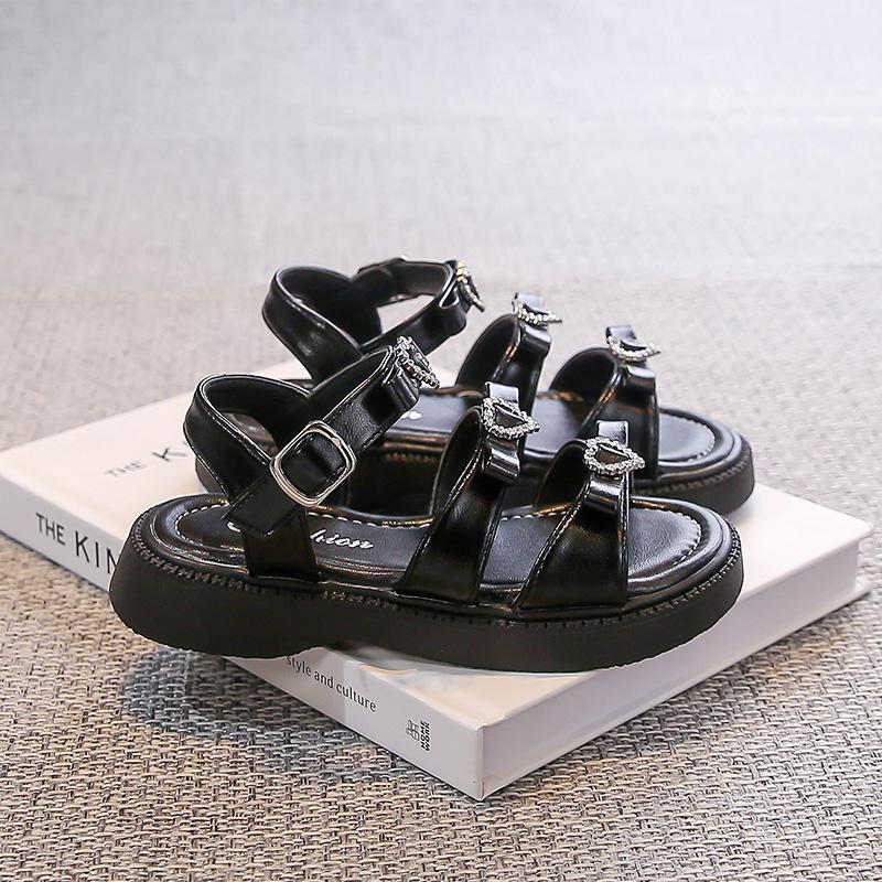 2025 Summer New Kids Leather Sandals for Girls Anti-slippery Sole Toddler Beach Shoes with Shiny Heart Princess Roman Style Shoe