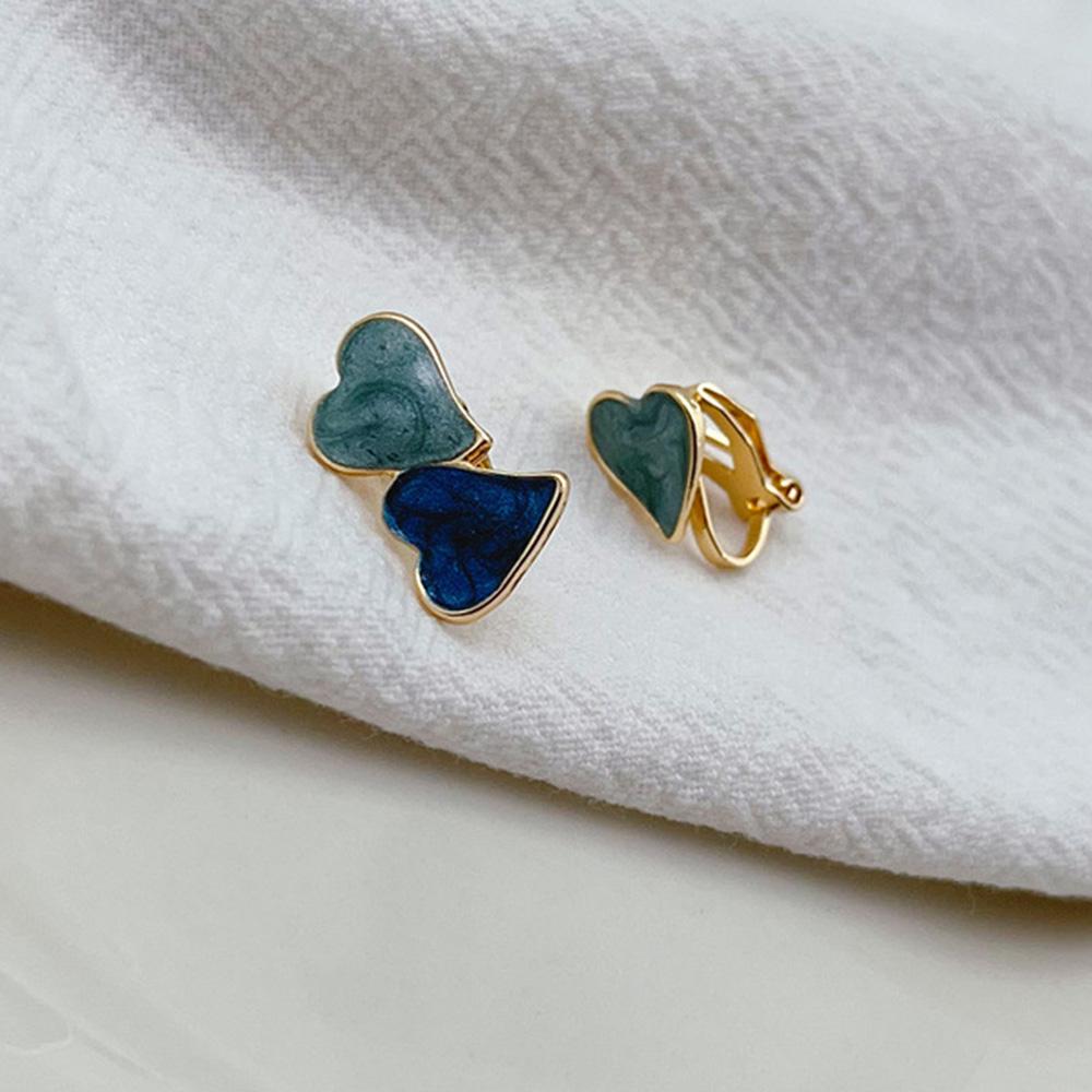 Fake Piercing Blue Enamel Heart Clip On Earrings Geometric Jewelry Ear Cuff Party Gift Aretes