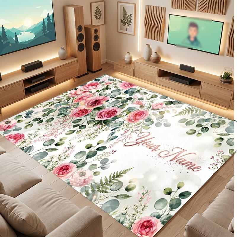 Floral Garden Theme Crystal Velvet Floor Rug Personalized Custom Name Text Warm Carpet Home Decoration