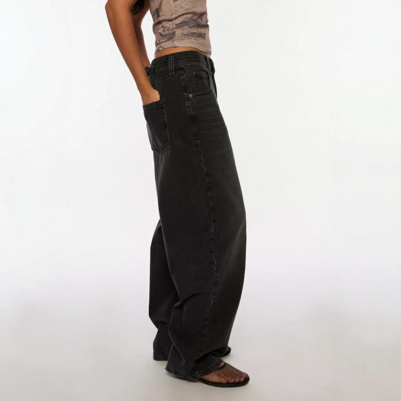 Womens Black Washed Wide Leg Jeans Loose Fit High Street Style Cotton Blend Denim Pants