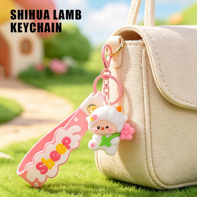 Cute Flower Holding Sheep Keychain Soft Silicone Wrist Strap For Backpack Decor Children Birthday Gifts