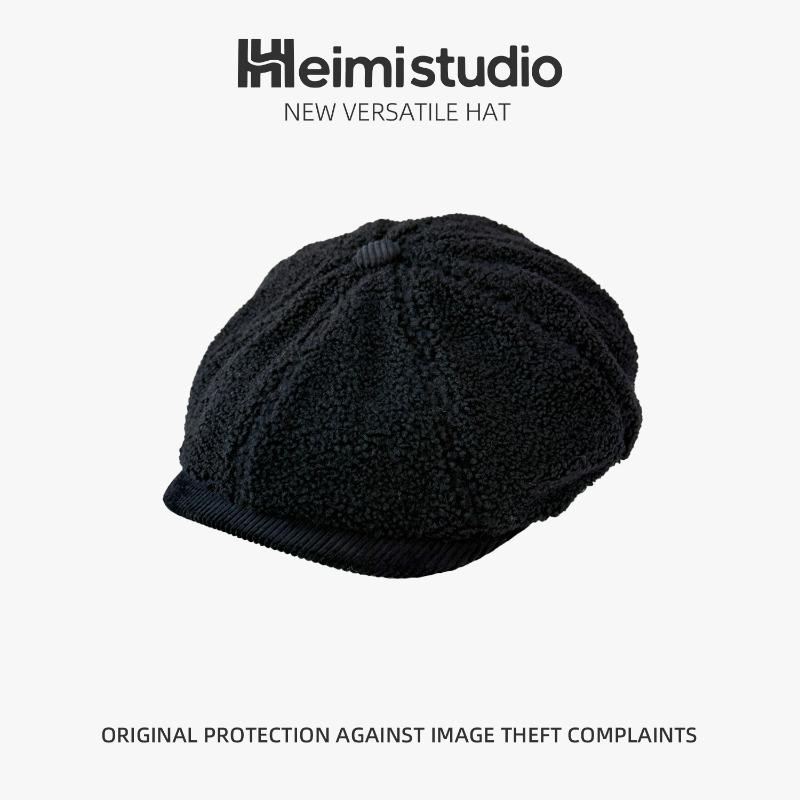 

25 Early autumn new versatile knitted high-quality wool plush forward hat solid color high-end hat women чёрный