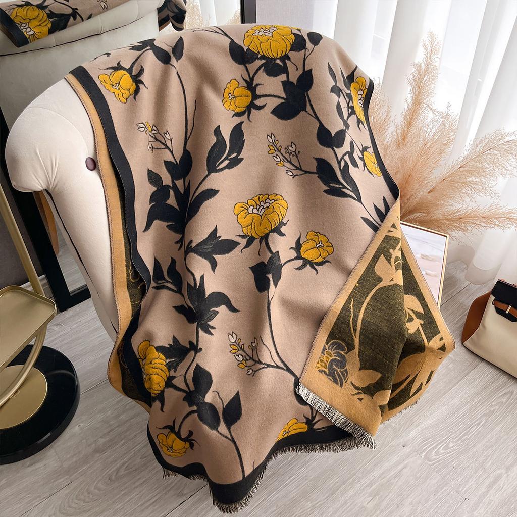 Autumn and Winter New Imitation Cashmere Plant Flower Print Scarf Women's Autumn Warm Thickened Outer Shawl Scarf