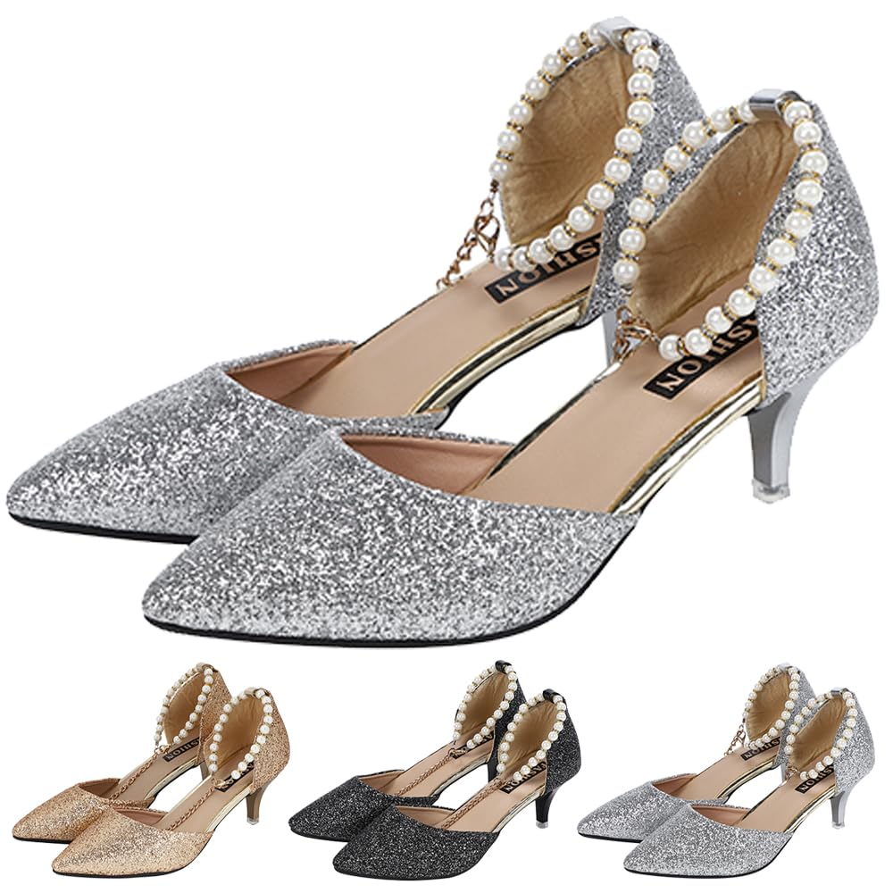 KISSOS Women s 6cm Heel Pumps with Straps and Belt Stylish for Parties Weddings and Special Occasions Silver Size 250cm 40 4940₽