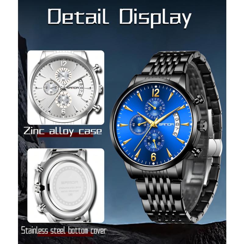 SANDA Fashion Men Chronograph Wristwatches Stainless Steel Waterproof Luminous Man Watch Date Quartz Business Men's Watches