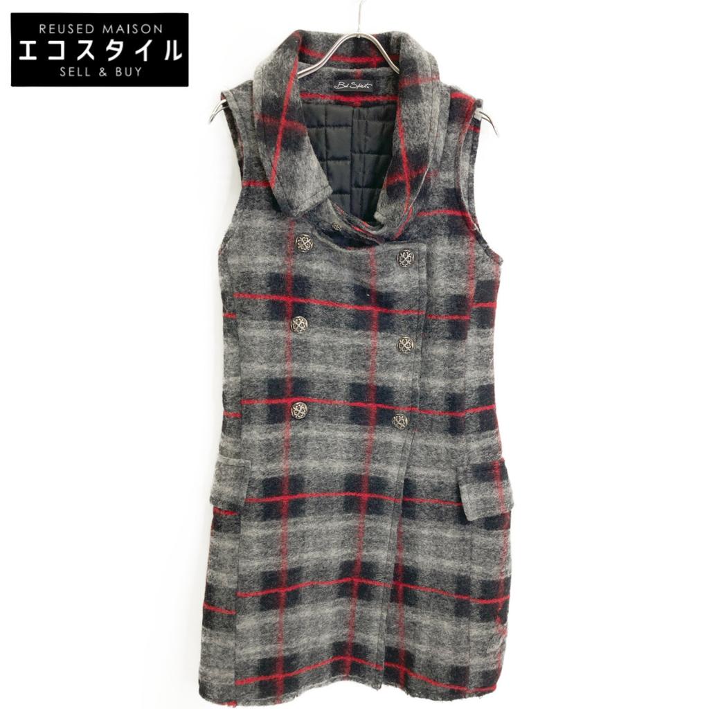 BAD SPIRIT Grey Wool Zip Quilted Double Breasted Gilet Coat Coat S Grey Black Red CheckUsed