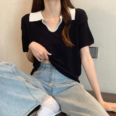 T-shirt d'été à manches courtes pour femme Polo ajusté en maille Chic français Haut à col en V