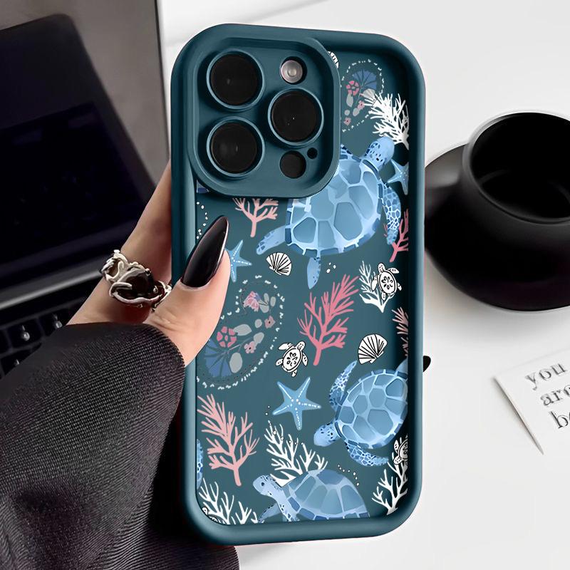 

Для iPhone 16 Pro Max 16E 15 14 Pro 13 12 11 Чохол для телефону Панцир Кораловий візерунок черепахи Протиударний М який TPU Захист об єктива Матовий чохол на задню панель iPhone 16 Pro Max синій