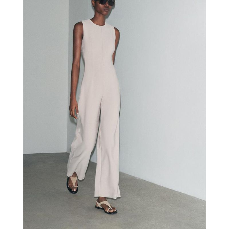 Spring and Summer New Women's Clothing Commute Minimalist Style round Neck Sleeveless Wide Leg High Waist Long Jumpsuit 3641007