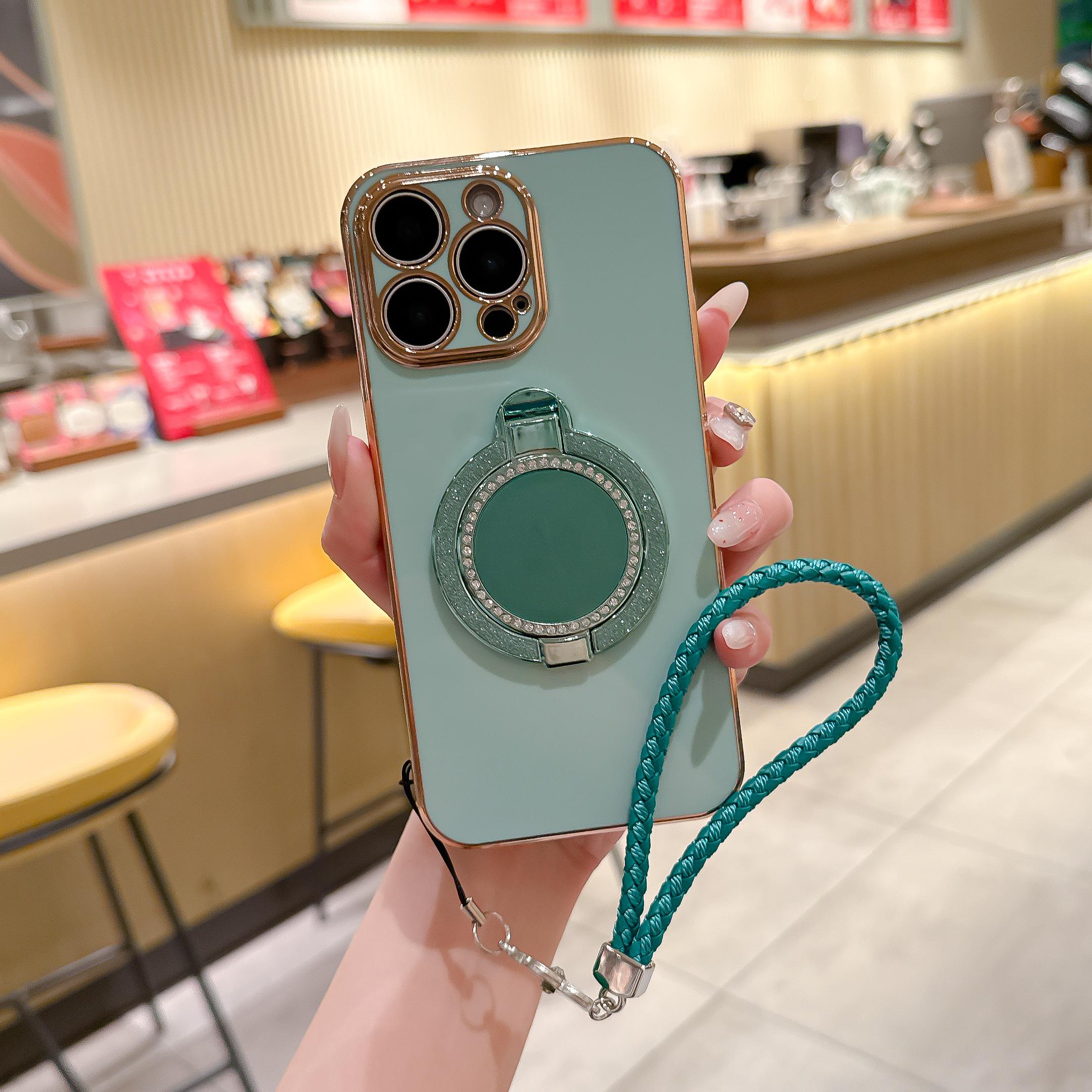 

Блестящий чехол для телефона с ремешком на запястье, зеркалом для макияжа, гальваническим покрытием, магнитным бампером и подставкой для iPhone 17 16 15 14 13 12 Pro Max, милый защитный чехол для объектива для девочек iPhone 15