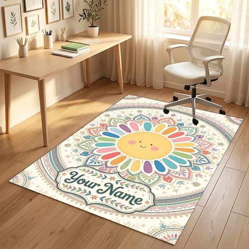 Sunburst Theme Soft Crystal Velvet Rug Custom Name & Text Print Non Slip Floor Rug for Bedroom Living Room