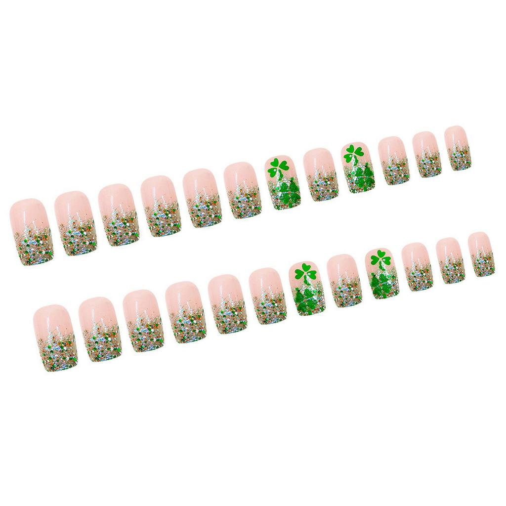 Green Glitter French Clover Artificial Nails 24 Pieces Short Matte False Nails For Daily Use