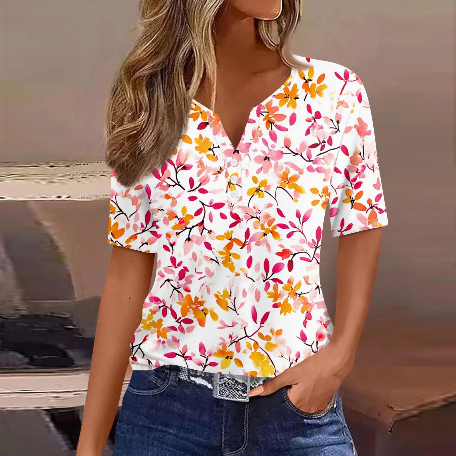 

Женская повседневная футболка с коротким рукавом и V-образным вырезом, декоративная отделка пуговицами XXL розовый