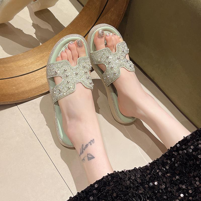 

Fashion 2025Fashion Pearl Sexy Women Slippers Banquet Party Peep-toe Flip Flops Silvery Shiny Non Slip Beach Shoes Women Shoes Sapatilas 35