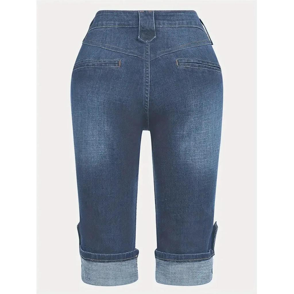 Plus Size Women's Slim Fit Elastic Cuffed Denim Bermuda Shorts