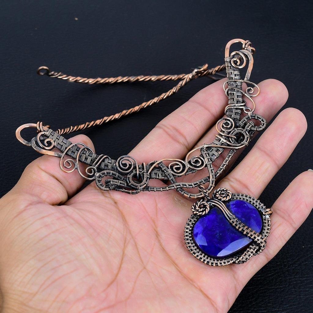 Blue Sapphire Necklace, Handmade Gemstone Necklace, 999 Copper Wire Wrapped Necklace Antique Jewelry, For Engagement Gift