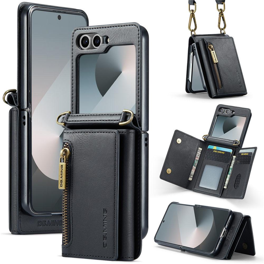 

Zipper Vintage Crossbody Lanyard Leather Wallet Case For Samsung Galaxy Z Flip 6 Flip 5 Flip 4 3 Cards Holder Cover For Galaxy Z Flip 6 чёрный