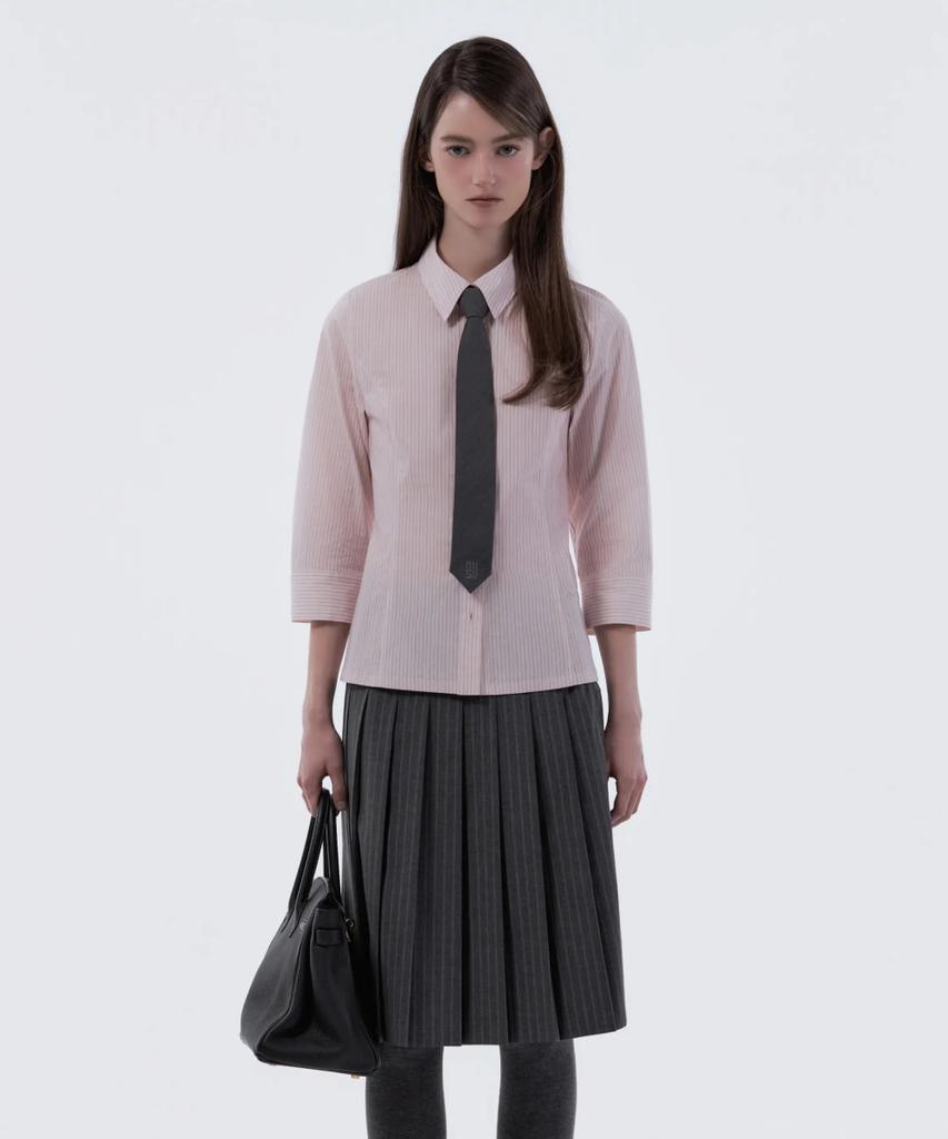 Mausolleum Jenn Pleated Midi Skirt - Gray Stripe